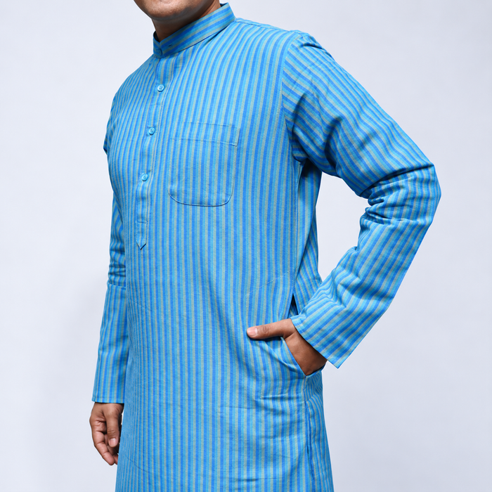Blue Striped Cotton Men’s Kurta – Mandarin Collar, Full Sleeves & Chest Pocket