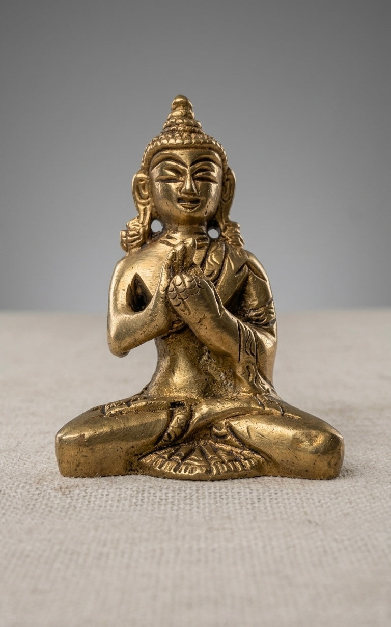 Handcrafted Brass Buddha Statue in Namaste Pose – Antique Finish Meditating Buddha Showpiece for Home & Office Décor 3.5inch