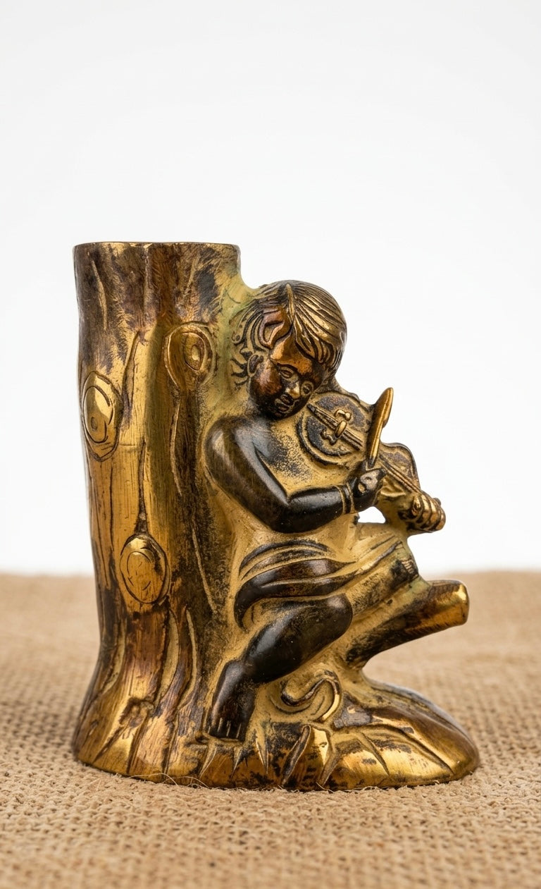 Vintage Brass Cherub Pen Holder – Antique Cupid Angel Desk Organizer with Tree Design 4.5inch