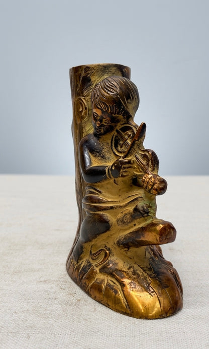 Vintage Brass Cherub Pen Holder – Antique Cupid Angel Desk Organizer with Tree Design 4.5inch