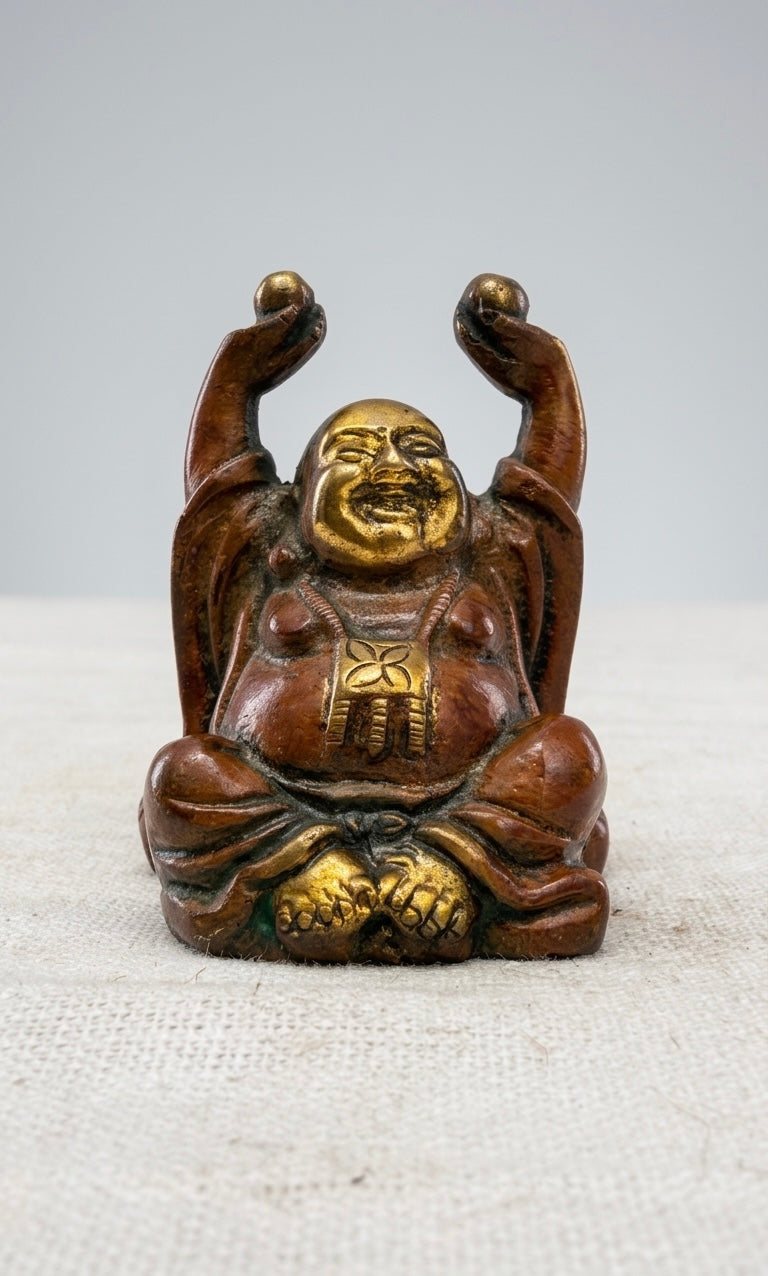 Handcrafted Brass Laughing Buddha Statue with Raised Hands – Antique Finish Wealth & Happiness Feng Shui Showpiece 3inch