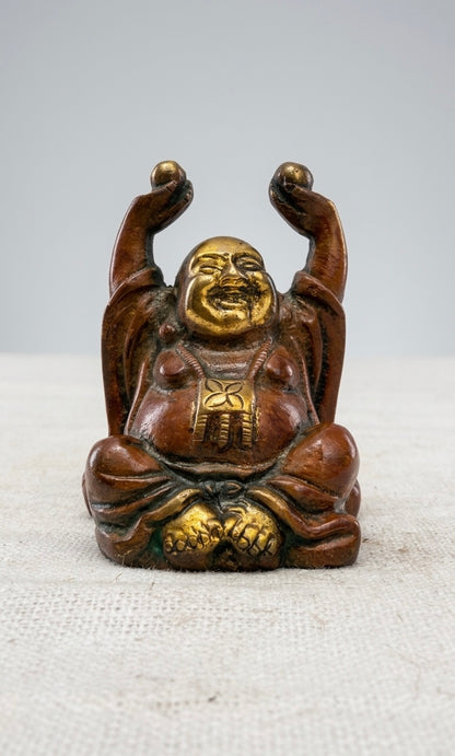 Handcrafted Brass Laughing Buddha Statue with Raised Hands – Antique Finish Wealth & Happiness Feng Shui Showpiece 3inch