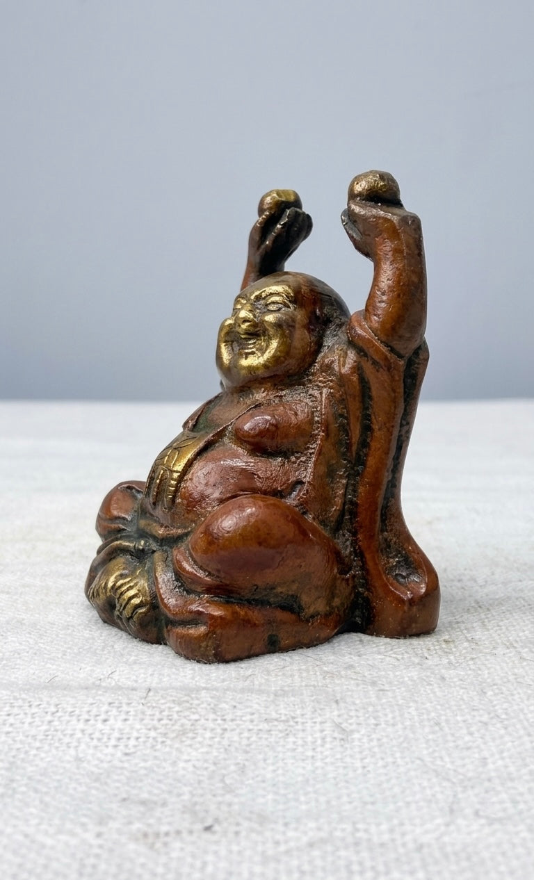 Handcrafted Brass Laughing Buddha Statue with Raised Hands – Antique Finish Wealth & Happiness Feng Shui Showpiece 3inch