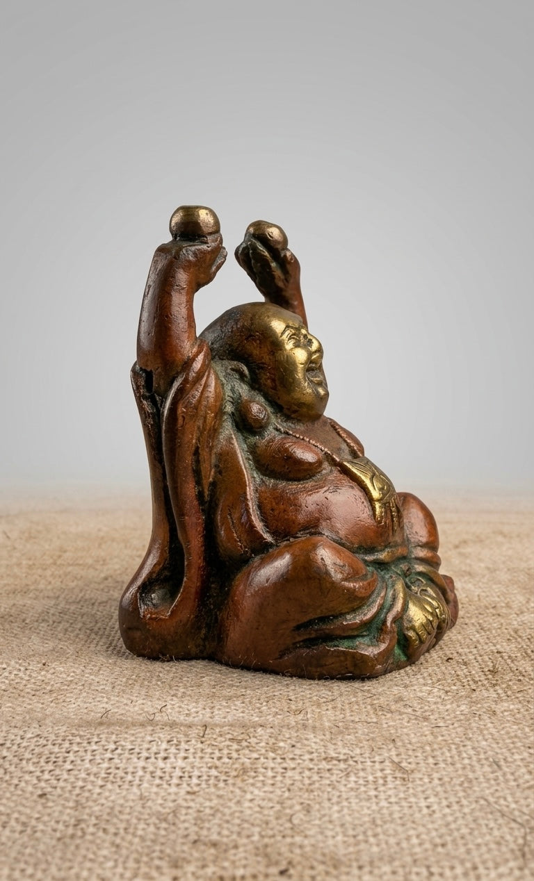 Handcrafted Brass Laughing Buddha Statue with Raised Hands – Antique Finish Wealth & Happiness Feng Shui Showpiece 3inch