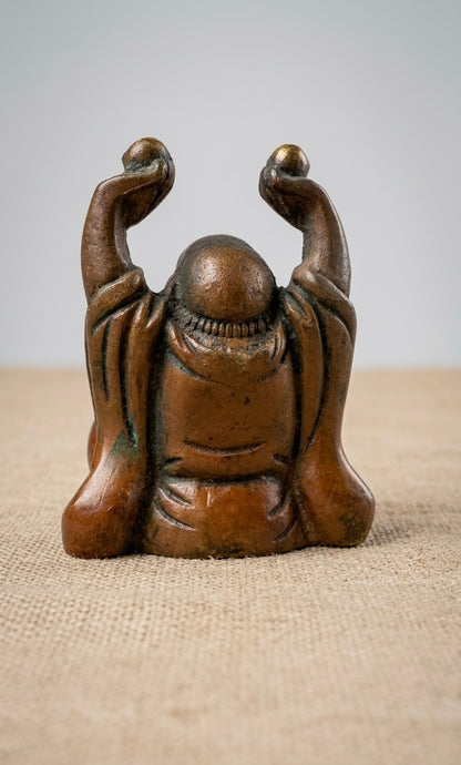 Handcrafted Brass Laughing Buddha Statue with Raised Hands – Antique Finish Wealth & Happiness Feng Shui Showpiece 3inch