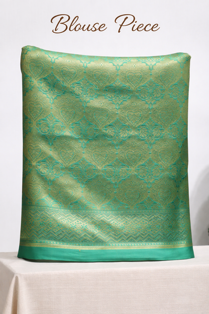 Olive Green Silk Saree with Gold Zari Motifs, Teal Border & Rich Traditional Pallu(43)
