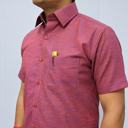 Maroon Men's Cotton Shirt – Collar and Chest Pocket Detail