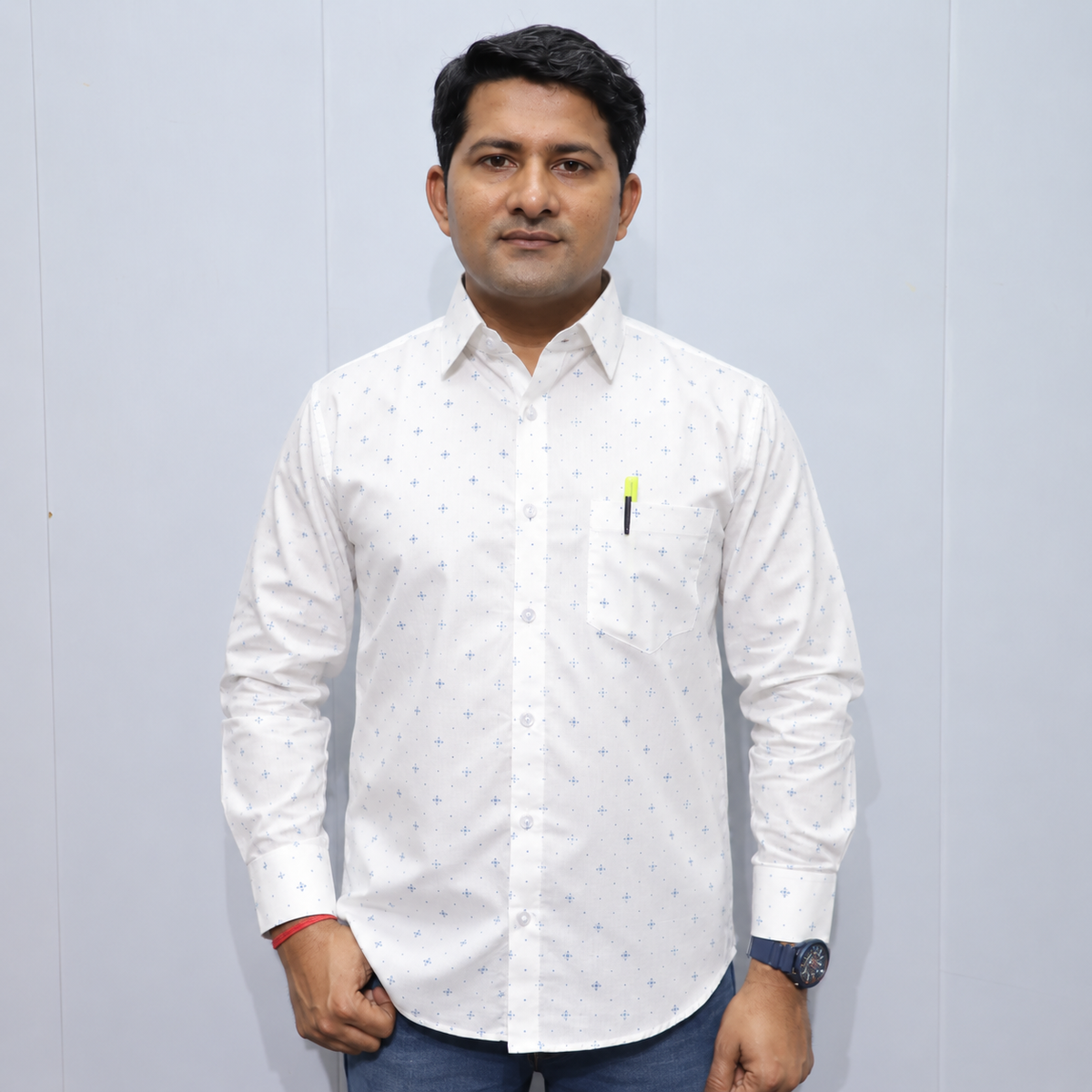 White Cotton Shirt for Men with Blue Printed Pattern
