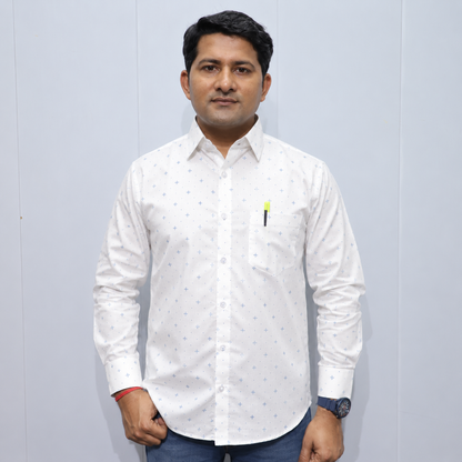 White Cotton Shirt for Men with Blue Printed Pattern