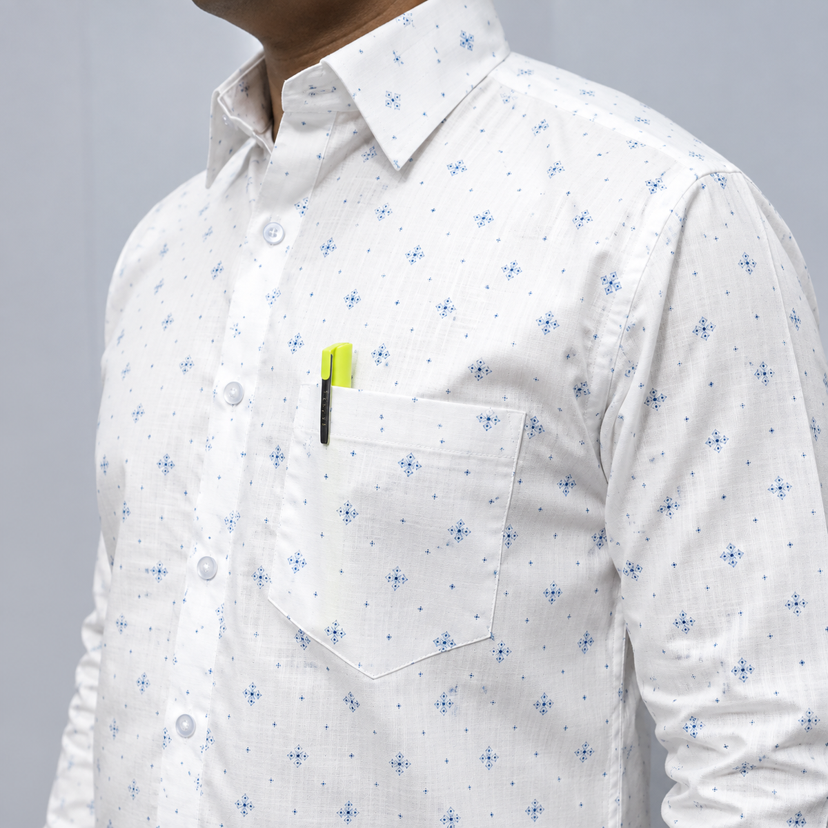 White Men's Cotton Shirt – Collar and Chest Pocket Detail