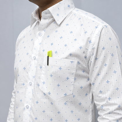 White Men's Cotton Shirt – Collar and Chest Pocket Detail
