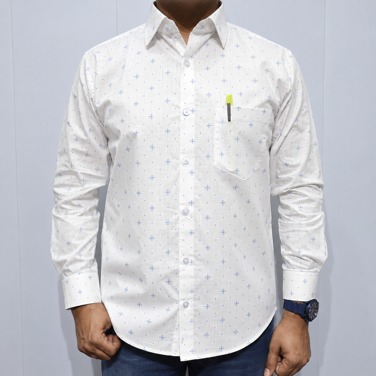 White Cotton Shirt with Blue Printed Pattern – Fabric Detail
