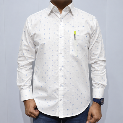 White Cotton Shirt with Blue Printed Pattern – Fabric Detail