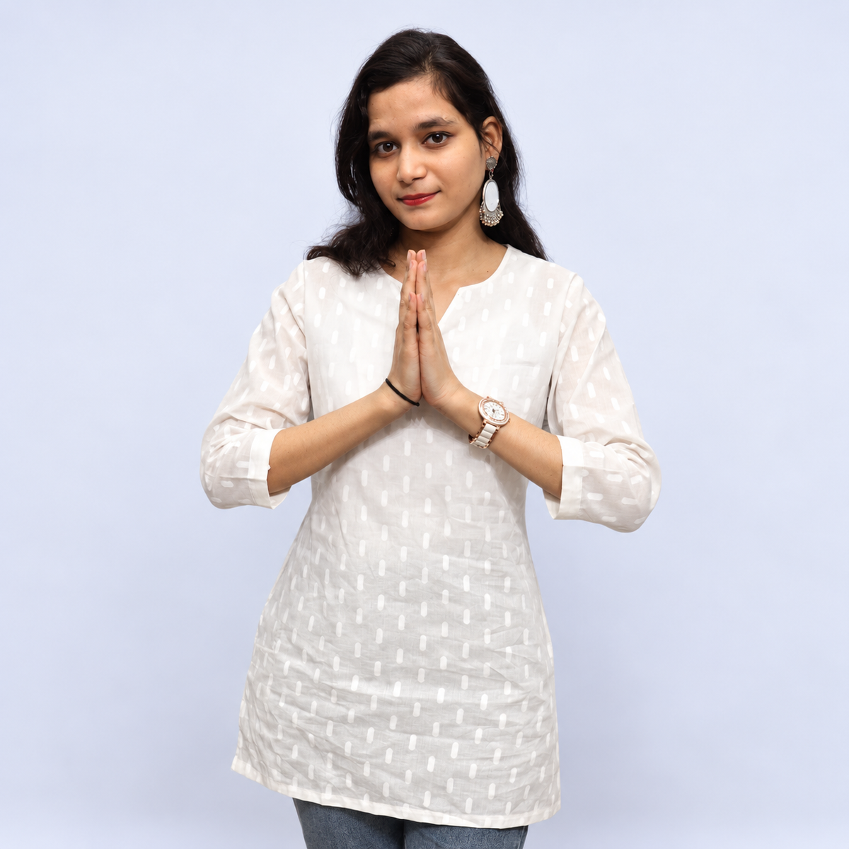 White Printed Cotton Short Kurti for Women