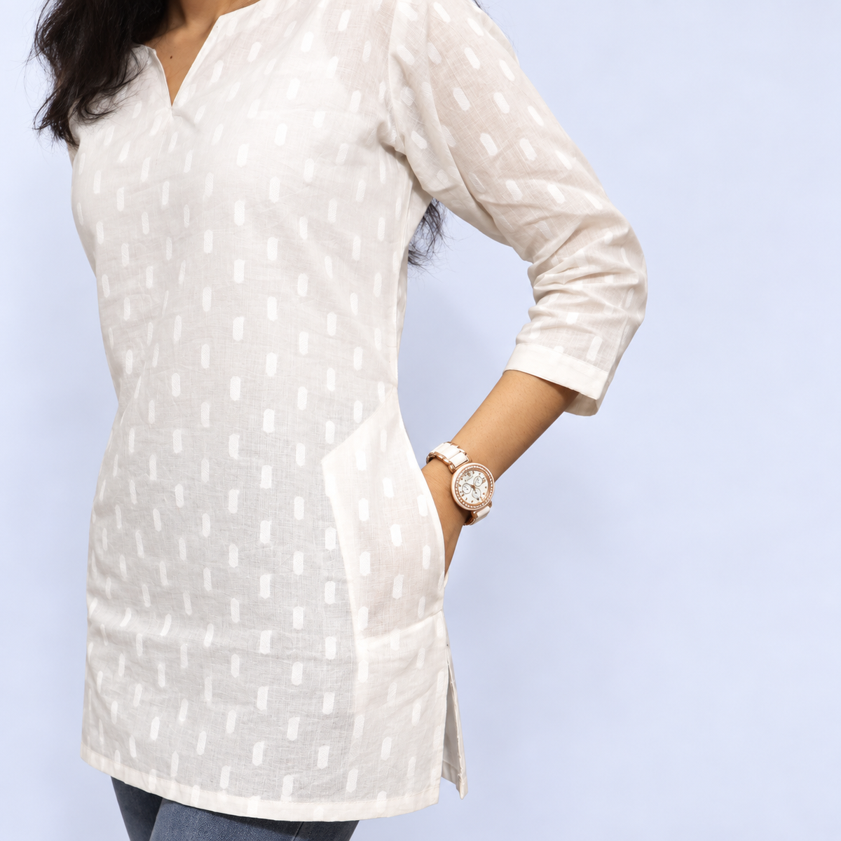 White Women's Cotton Kurti – Long Sleeve Detail