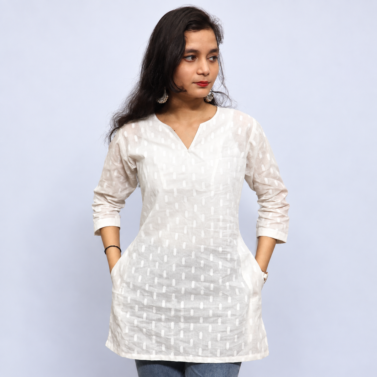 White Cotton Short Kurti for Women with Printed Pattern