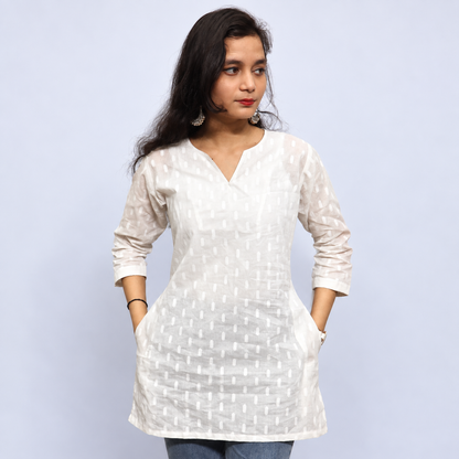 White Cotton Short Kurti for Women with Printed Pattern