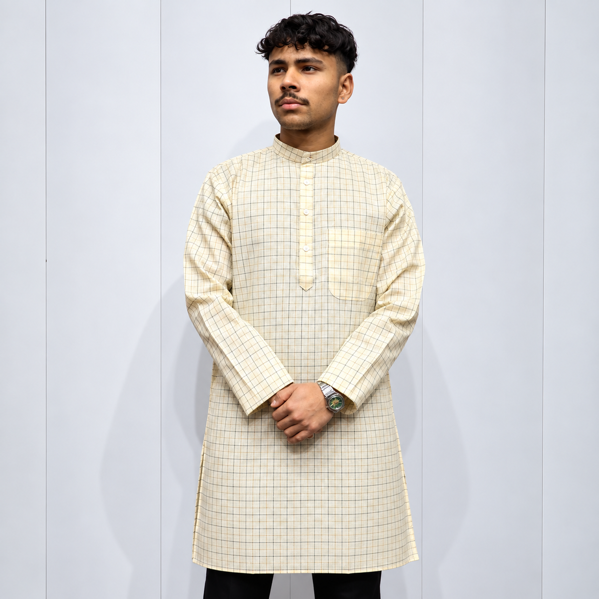 Cream checked Khadi cotton kurta for men