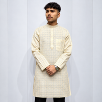 Cream Checked Khadi Cotton Men’s Kurta – Full Sleeve Traditional Ethnic Wear