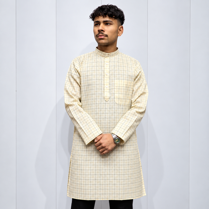 Cream checked Khadi cotton kurta for men