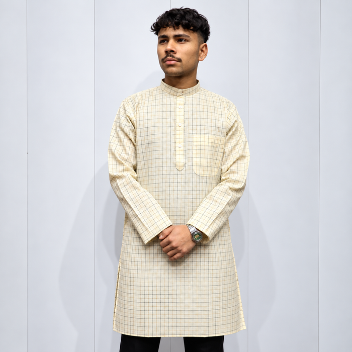 Cream Checked Khadi Cotton Men’s Kurta – Full Sleeve Traditional Ethnic Wear