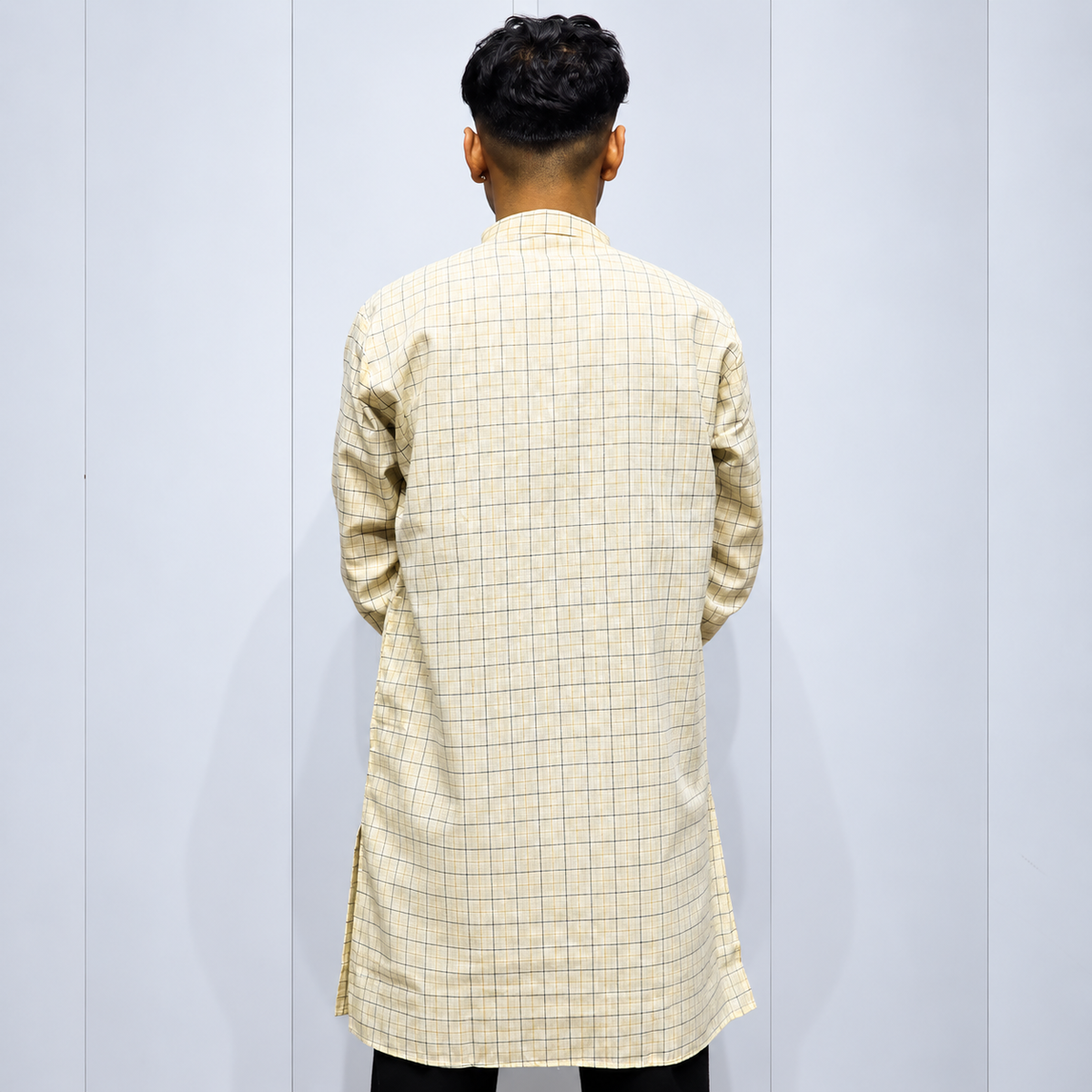 Men’s cream checked cotton kurta back view