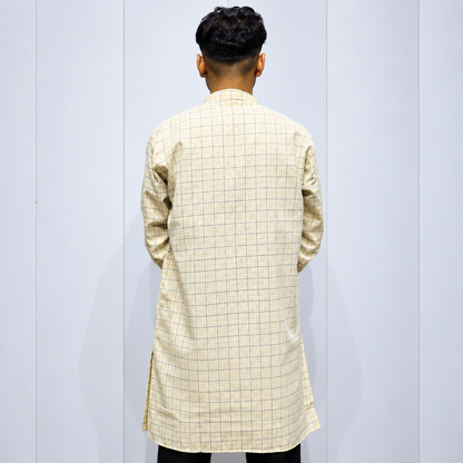 Men’s cream checked cotton kurta back view