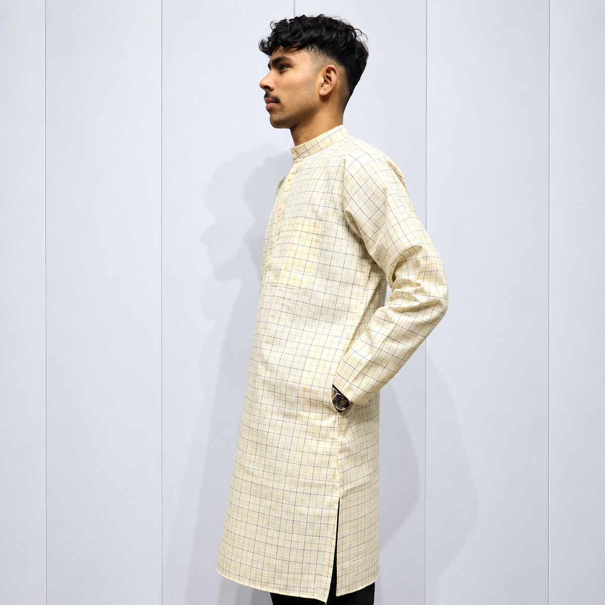 Cream full sleeve checked kurta for men