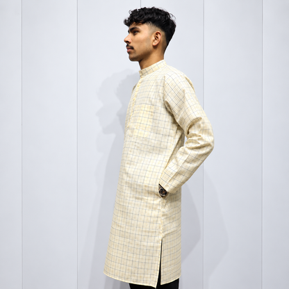 Cream full sleeve checked kurta for men