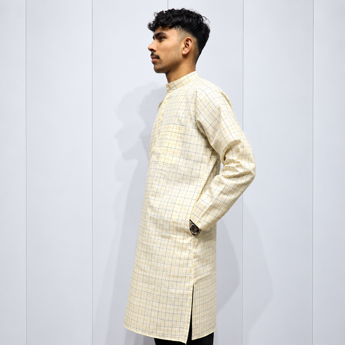 Cream Checked Khadi Cotton Men’s Kurta – Full Sleeve Traditional Ethnic Wear