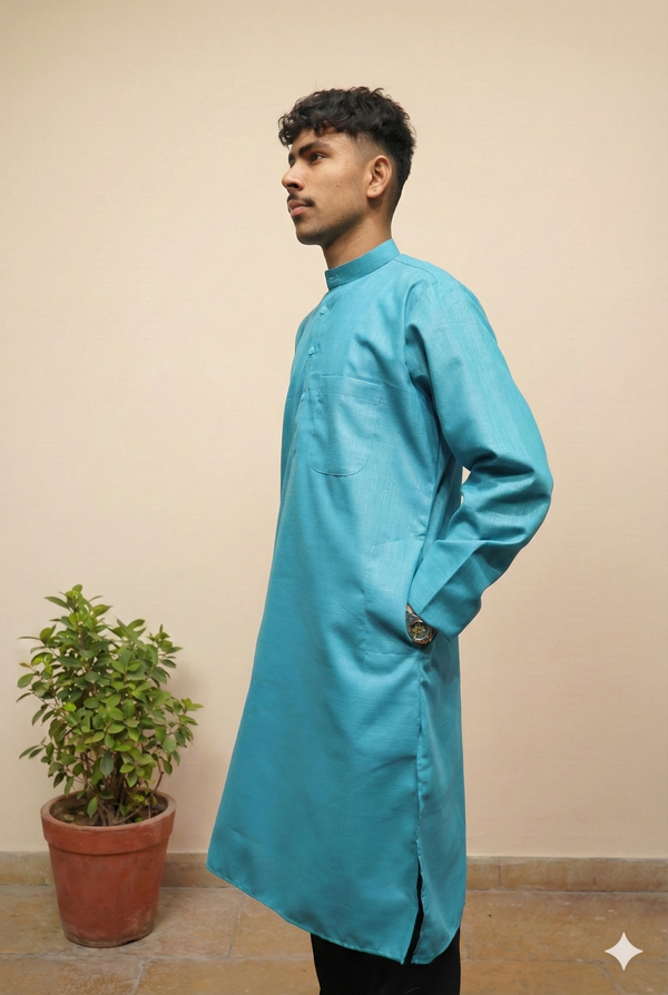 Classic Teal Blue Cotton Kurta for Men – Solid Ethnic Wear with Mandarin Collar