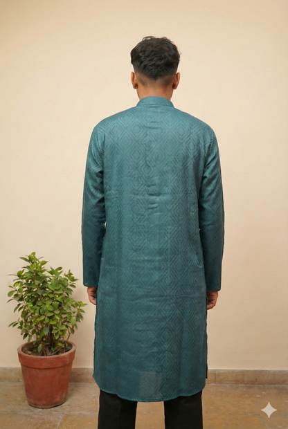 Teal Green Self-Design Cotton Kurta for Men – Textured Ethnic Wear with Mandarin Collar