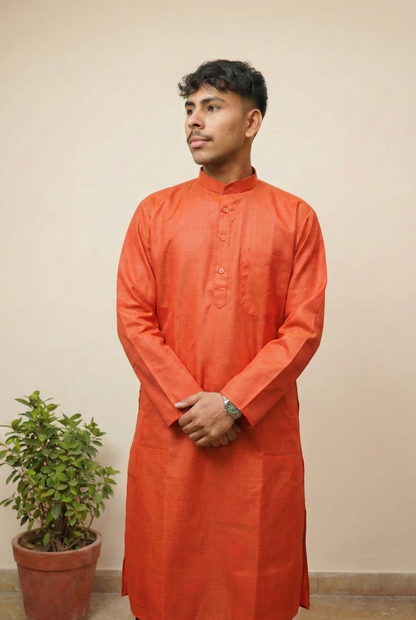Rust Orange Cotton Kurta for Men – Solid Ethnic Wear with Mandarin Collar
