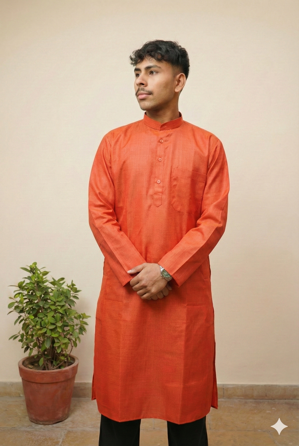Rust Orange Cotton Kurta for Men – Solid Ethnic Wear with Mandarin Collar