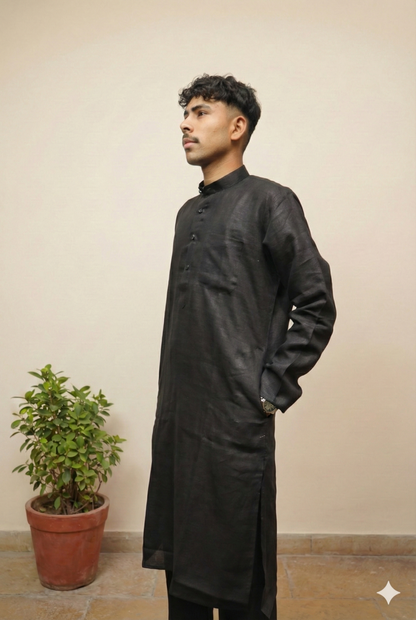 Classic Black Linen Kurta for Men – Solid Ethnic Wear with Mandarin Collar