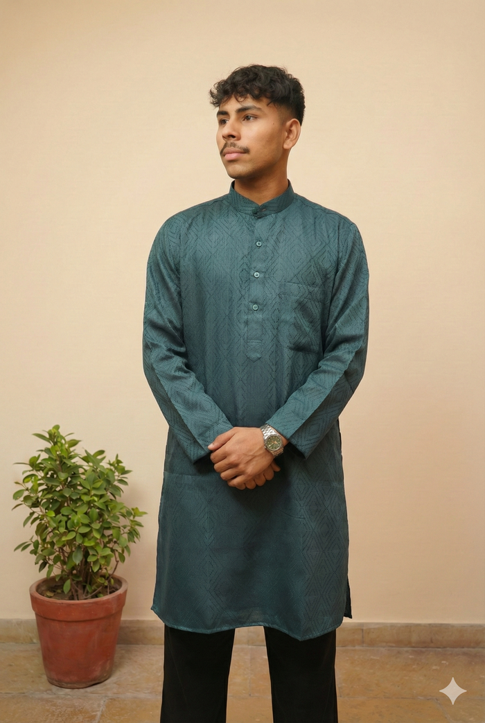 Teal Green Self-Design Cotton Kurta for Men – Textured Ethnic Wear with Mandarin Collar