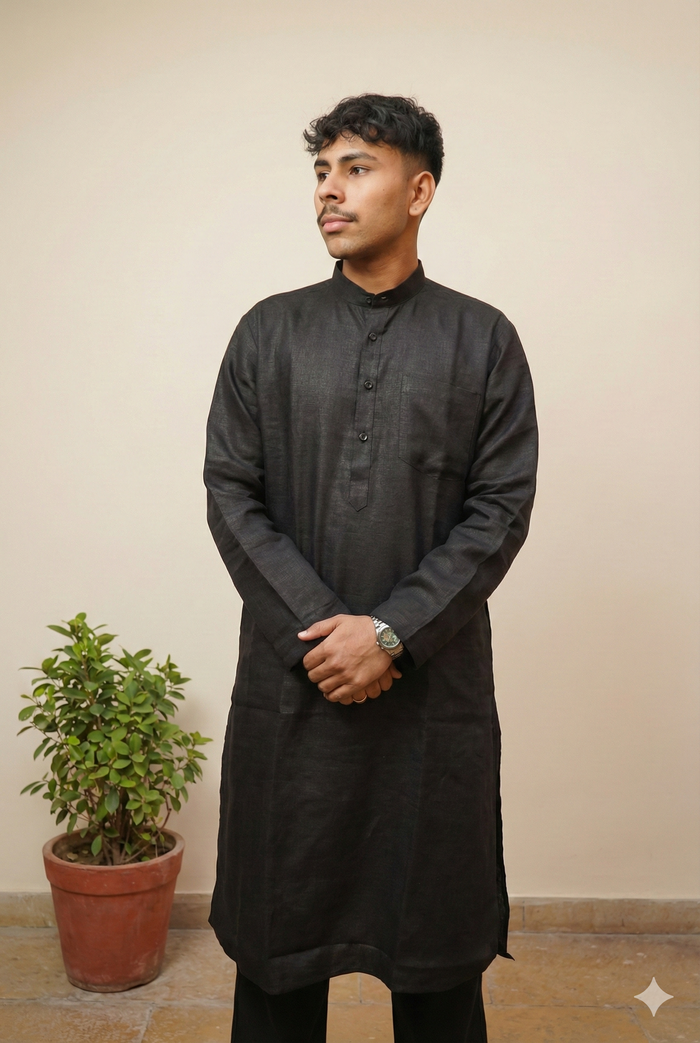 Classic Black Linen Kurta for Men – Solid Ethnic Wear with Mandarin Collar