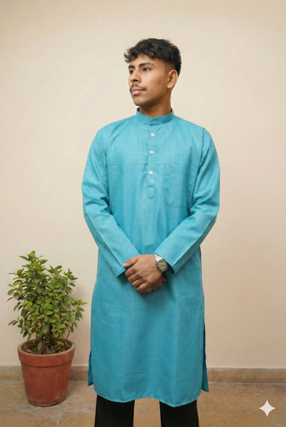 Classic Teal Blue Cotton Kurta for Men – Solid Ethnic Wear with Mandarin Collar