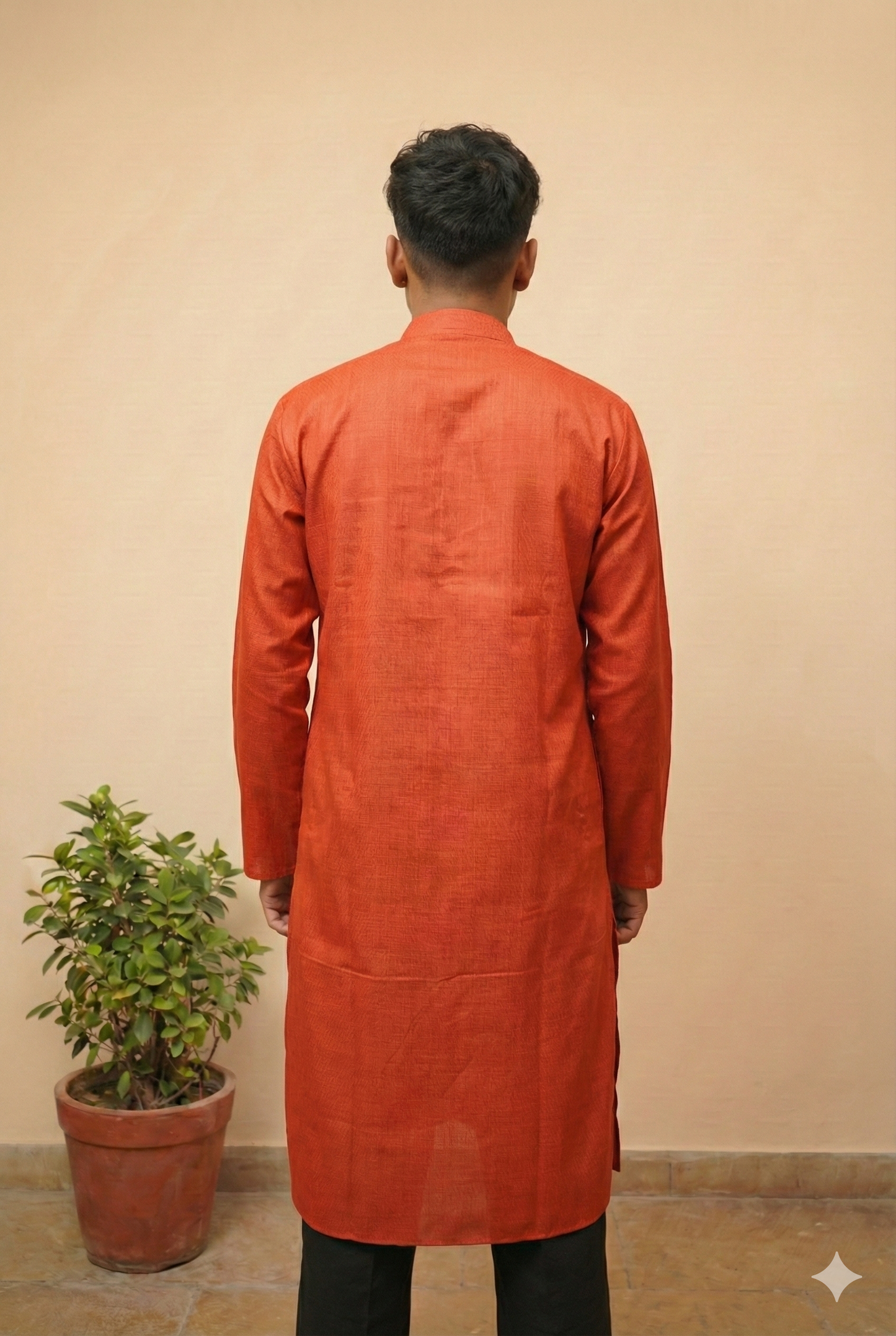 Rust Orange Cotton Kurta for Men – Solid Ethnic Wear with Mandarin Collar