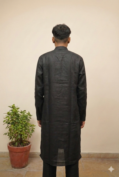 Classic Black Linen Kurta for Men – Solid Ethnic Wear with Mandarin Collar