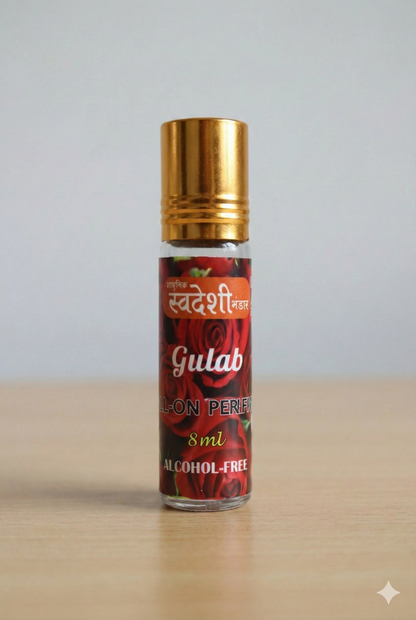 Adhunik Swadeshi Bhandar Gulab Roll-On Perfume 8ml | 100% Alcohol-Free Natural Rose Attar | Long-Lasting Floral Fragrance | Herbal Roll-On for Men & Women