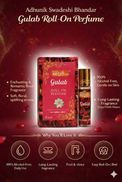 Adhunik Swadeshi Bhandar Gulab Roll-On Perfume 8ml | 100% Alcohol-Free Natural Rose Attar | Long-Lasting Floral Fragrance | Herbal Roll-On for Men & Women