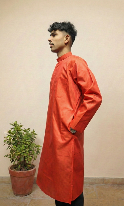 Rust Orange Cotton Kurta for Men – Solid Ethnic Wear with Mandarin Collar