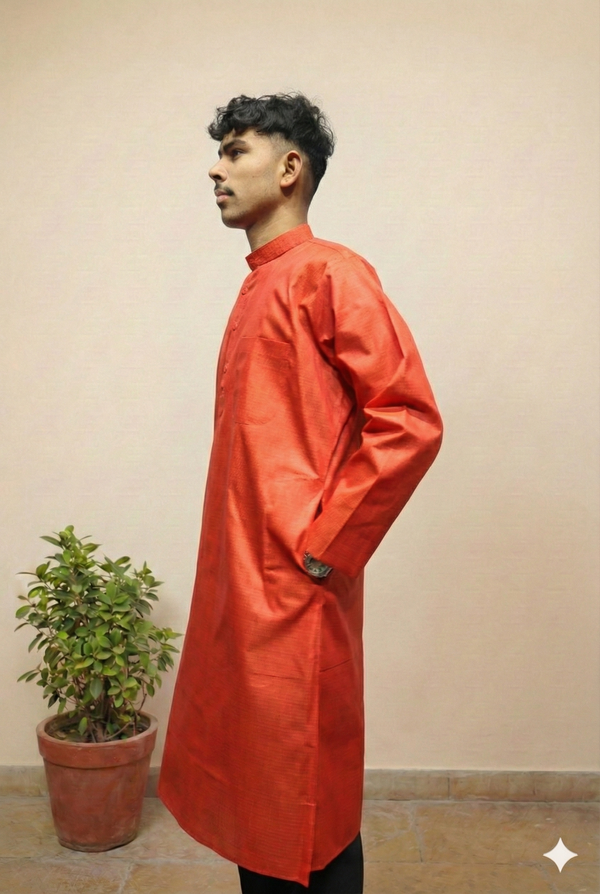Rust Orange Cotton Kurta for Men – Solid Ethnic Wear with Mandarin Collar