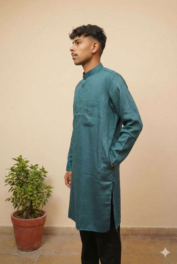 Teal Green Self-Design Cotton Kurta for Men – Textured Ethnic Wear with Mandarin Collar