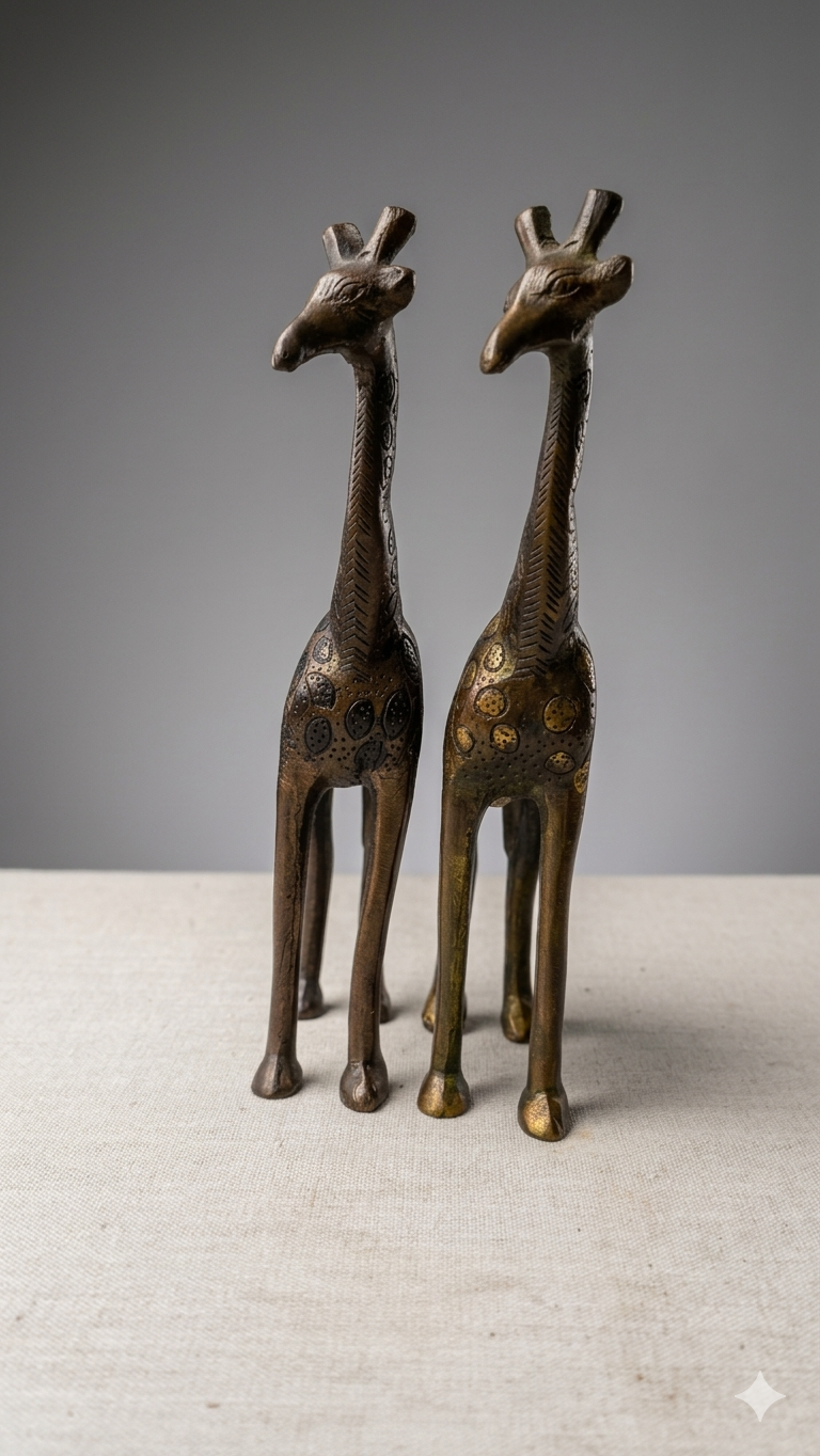 Handcrafted Brass Giraffe Pair Figurines – Antique Finish Decorative Animal Showpiece for Home & Office(Height-7inch,Length-2.5inch,Breadth-3inch)