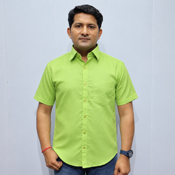Lime Green Cotton Shirt for Men – Half Sleeve Textured Casual Shirt