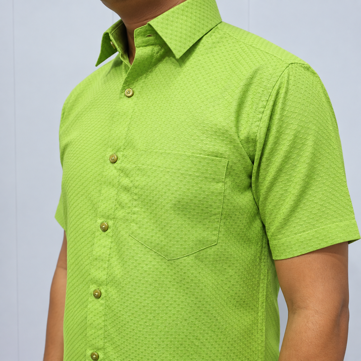 Lime Green Men's Cotton Shirt – Collar and Pocket Detail