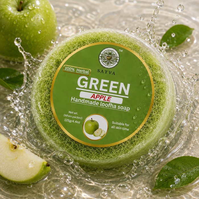 Satva Green Apple Loofah Soap | Handmade Exfoliating Bath Soap with Green Apple | 125g