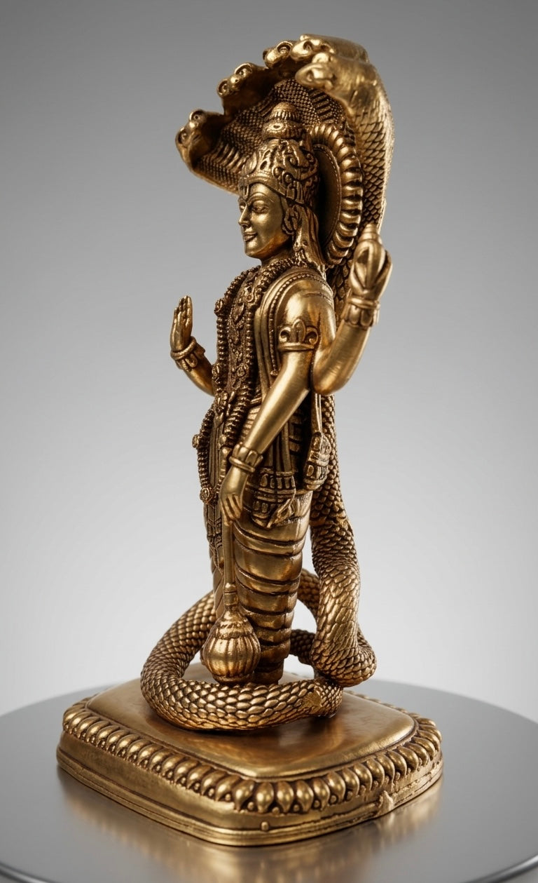 Handcrafted Ashtadhatu Lord Vishnu Idol on Sheshnag – Antique Finish Vishnu Murti for Home Temple & Décor(Height-6.5inch)